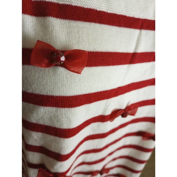 TALBOTS Red Ivory Bows w/jewels Striped Sweater Size Large cotton round neck - Picture 6 of 10